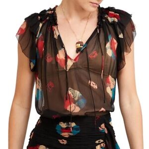 Ulla Johnson Marilyn Flutter Sleeve Silk Printed Top Black NWT